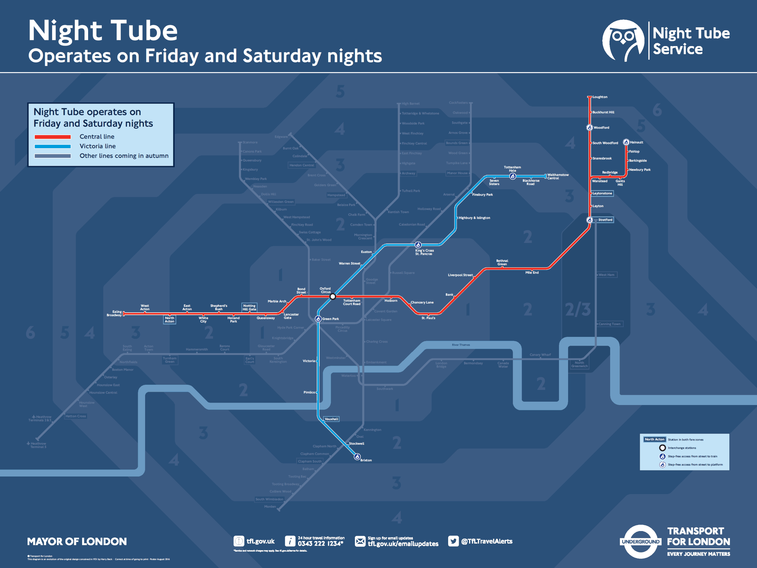 Současná podoba nočních linek londýnského metra. (zdroj: TfL)