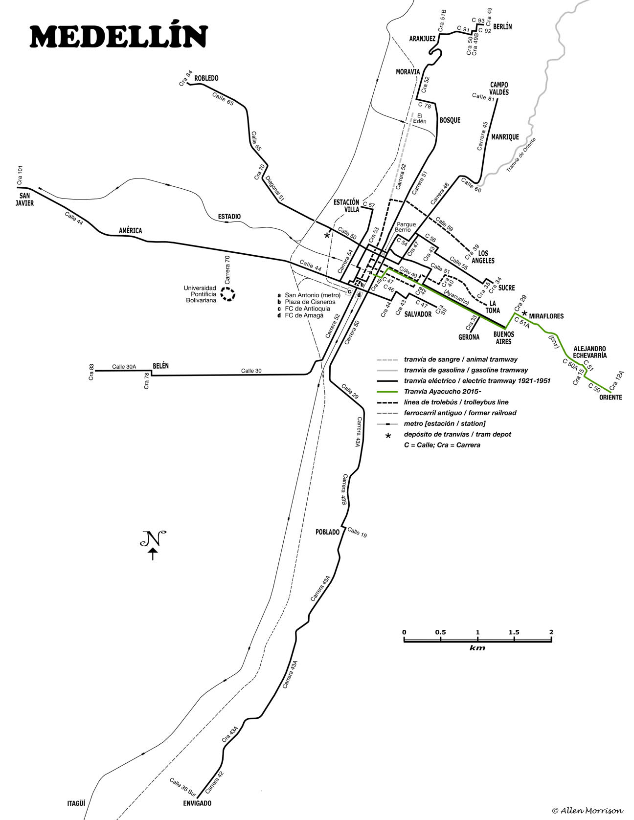 Přehledná mapa zobrazuje jak tratě, na kterých operovala koňka, tak i ty, na kterých byly k vidění tramvaje poháněné elektřinou či benzínem. Stejně tak je možné zjistit přesnou pozici dnešní tramvaje na pneumatikách, ale i místa, kterými se proháněly trolejbusy, či vlaky. Rovněž je zachycena pozice metra. (autor: Allen Morrison)