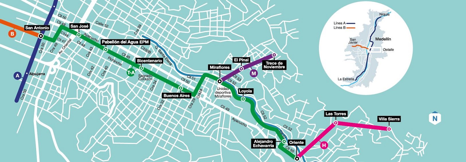 Na tramvaj na pneumatikách navážou v brzké době i dvě nové lanové dráhy, které se právě dokončují. (zdroj: Alcaldía de Medellín)