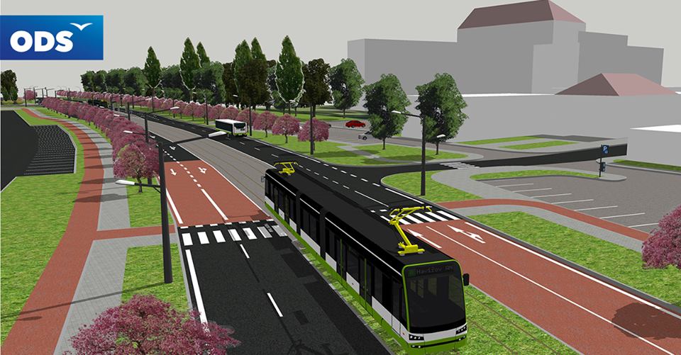 Vizualizace obousměrného a oboustranného vozu na platformě typu Škoda ForCity Alfa na třídě 17. listopadu v Karviné. (zdroj: Facebook ODS)