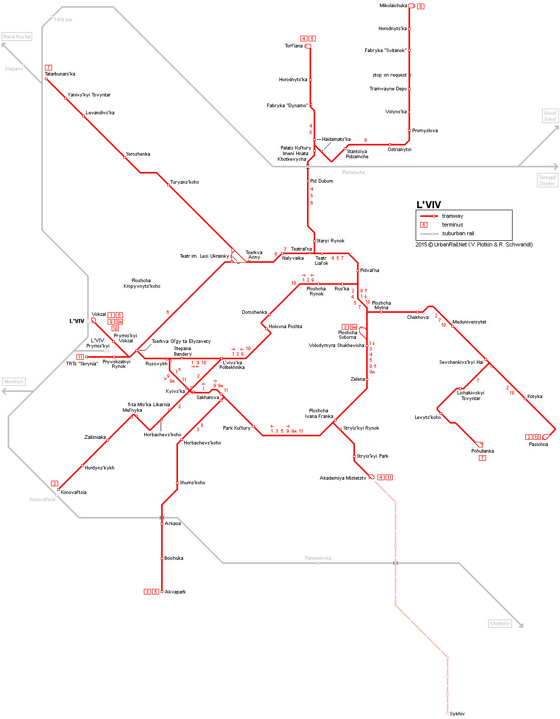 Mapa tramvajové sítě ve Lvově. Momentálně se nejezdí na úseku Akademika Sacharova – Kyivs'ka – Rusovych a dále po větvi směřující na konečnou Pohuljanka – linka č. 7 místo toho sdílí s linkou č. 2 větev vedenou ke konečné Pasična (zdroj: UrbanRail.net)