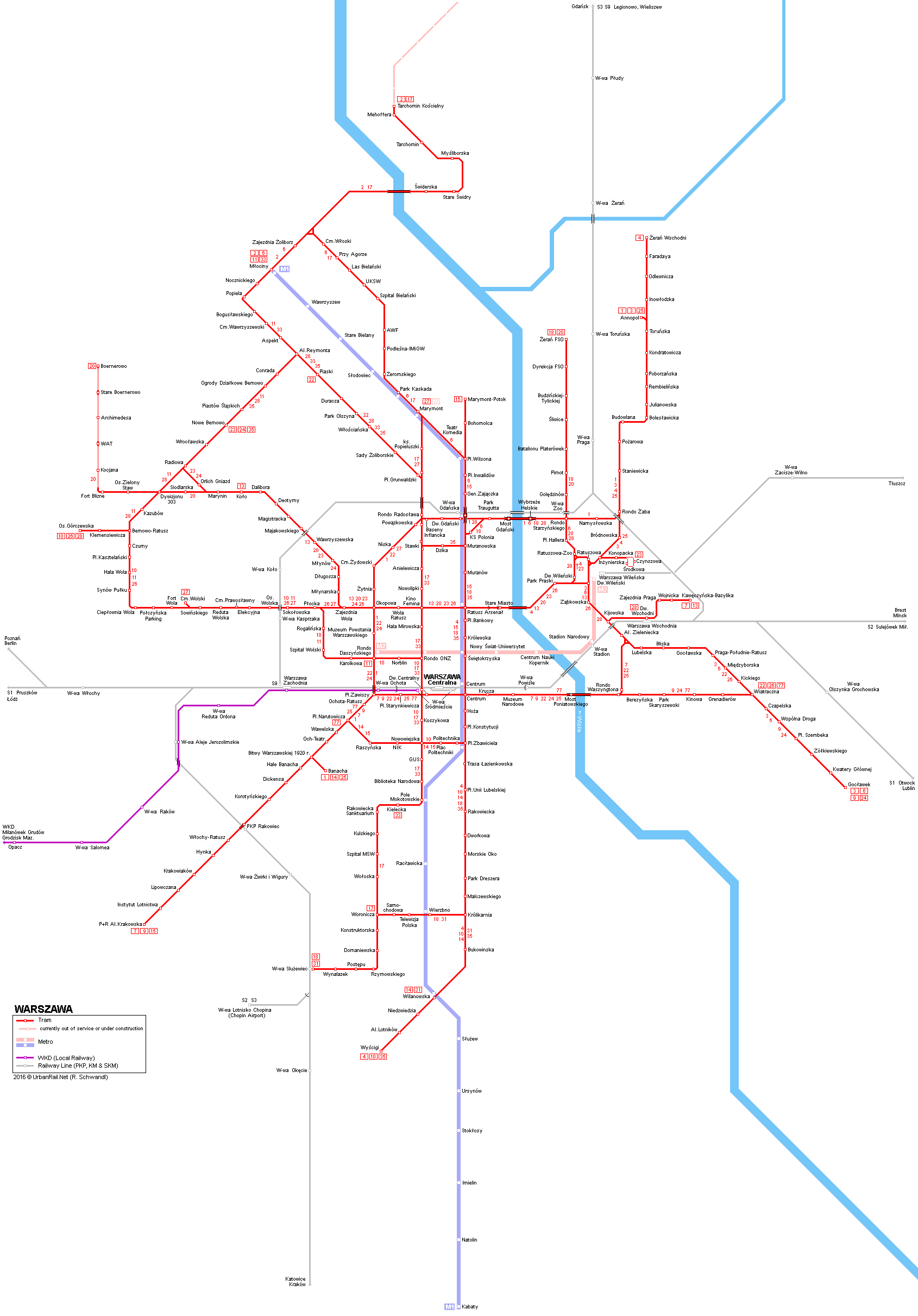 Tramvajová síť ve Varšavě i s vyznačeným plánovaným prodloužením na severu města. (zdroj: UrbanRail.net). 