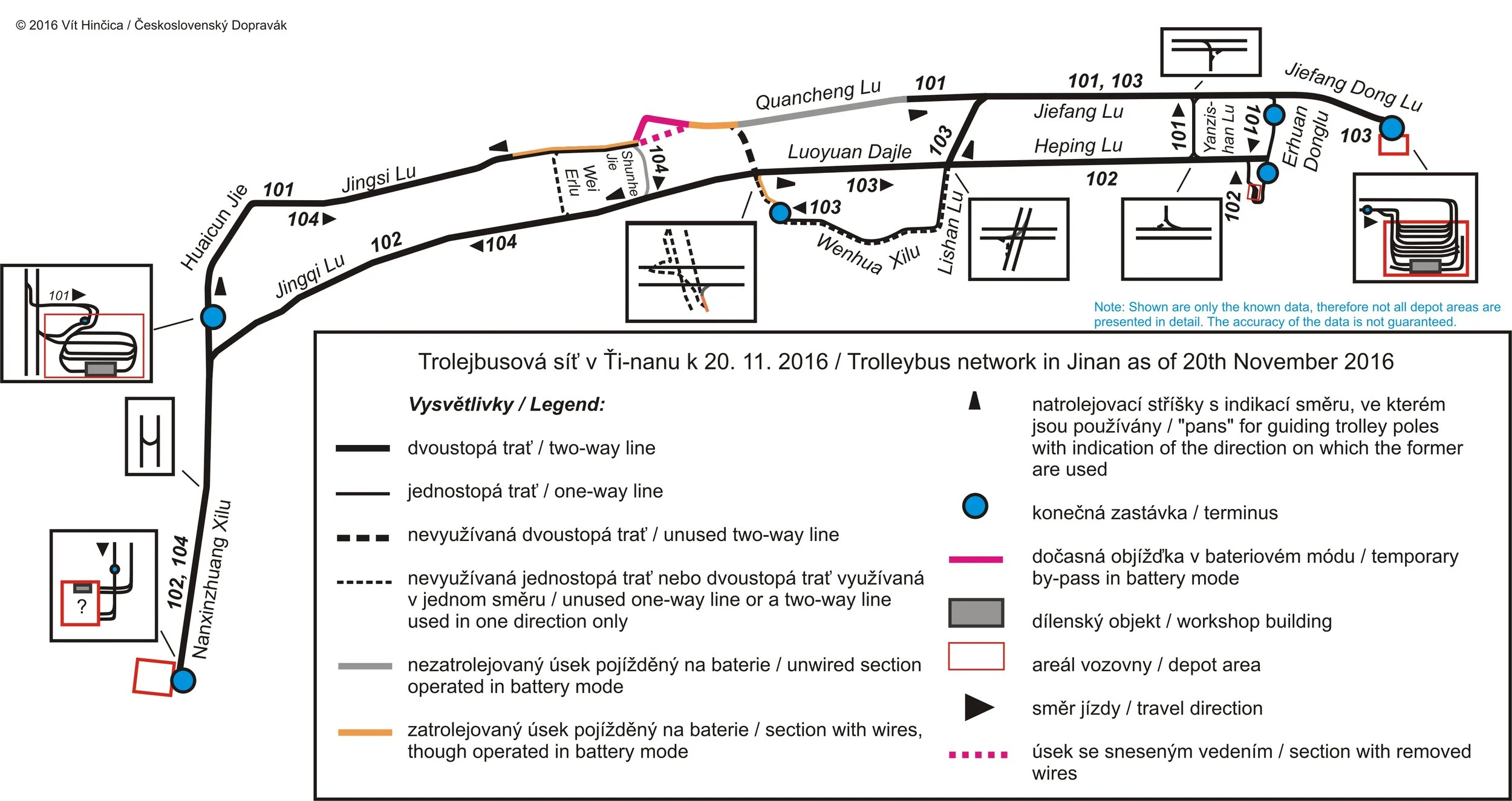 Přiložená mapka zobrazuje situaci v listopadu roce 2016. Nejsou vyznačeny stopy, které byly zřízeny v minulosti a byly již sneseny.