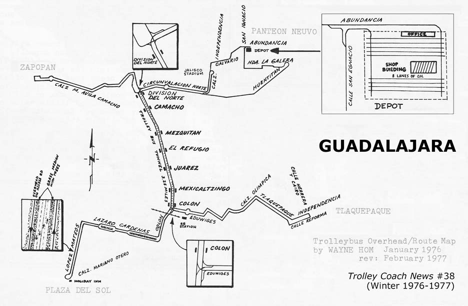 Trolejbusová síť v Guadalajaře na přelomu let 1976/77. Zastávky Colón a División del Norte byly povrchové a bezprostředně za nimi následovaly sjezdy do tunelu. (zdroj: Trolley Coach News, č. 38; sbírka Allen Morrison)