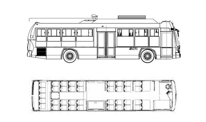 Trolejbus Ridder E na typovém nákresu. Zobrazené vnitřní uspořádání nicméně doznalo u Guadalajary mírných odlišností. (zdroj: DINA Camiones)