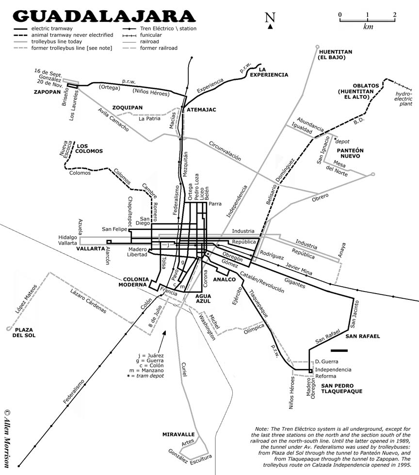 Na mapce z roku 2003 jsou zachyceny jednak funkční trolejbusové tratě (šedá čára) a jednak zrušené trolejbusové tratě (šedá čárkovaná čára). Vyznačeny jsou však i linky č. 1 a 2 lehkého metra (tenká černá čára), zrušené tratě elektrických tramvají (černá čára) i zrušené tratě nikdy neelektrizovaných animálních tramvají (černá čárkovaná čára). Za pozornost stojí i vyznačená pozemní lanová dráha šplhající se po svahu kaňonu Huentitán ( Barranca de Huentitán ) k vodní elektrárně. Její poněkud kuriózní podobu možno zhlédnout zde . Roku 2013 otevřeli v místní ZOO i sedačkovou lanovou dráhu o délce 700 m. Tato turistická atrakce s nádhernými výhledy do okolí se nachází od pozemní lanové dráhy relativně nedaleko, jmenovitě mezi čtvrtěmi Huentitán El Bajo a Huentitán El Alto. (autor: Allen Morrison)