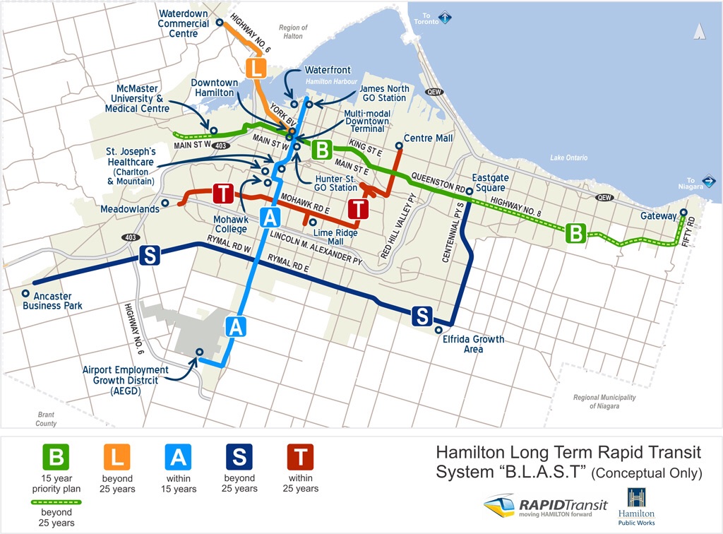 Plán linek BLAST, tedy jednotlivých tras budoucí tramvajové sítě v Hamiltonu. V první etapě má proběhnout výstavba trasy B. (zdroj: www.hamilton.ca)