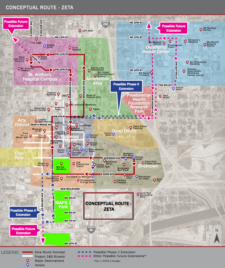 Návrh tramvajové linky v Oklahomě včetně znázornění dalších zvažovaných prodloužení. (zdroj: okc.gov)