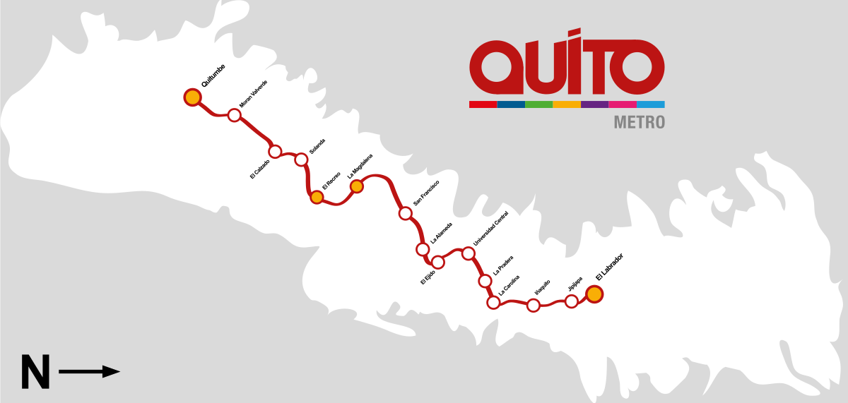 Trasa první linky. Orientace je otočená, když jih je vlevo a sever vpravo. (zdroj: Municipio del Distrito Metropolitano de Quito / Wikipedia.org)