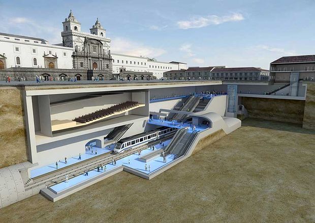 Vizualizace stanice pod historickým náměstím Plaza de San Francisco. Tunel metra bude zpravidla v hloubkách od 16 do 25 m. (zdroj: Metro de Quito)