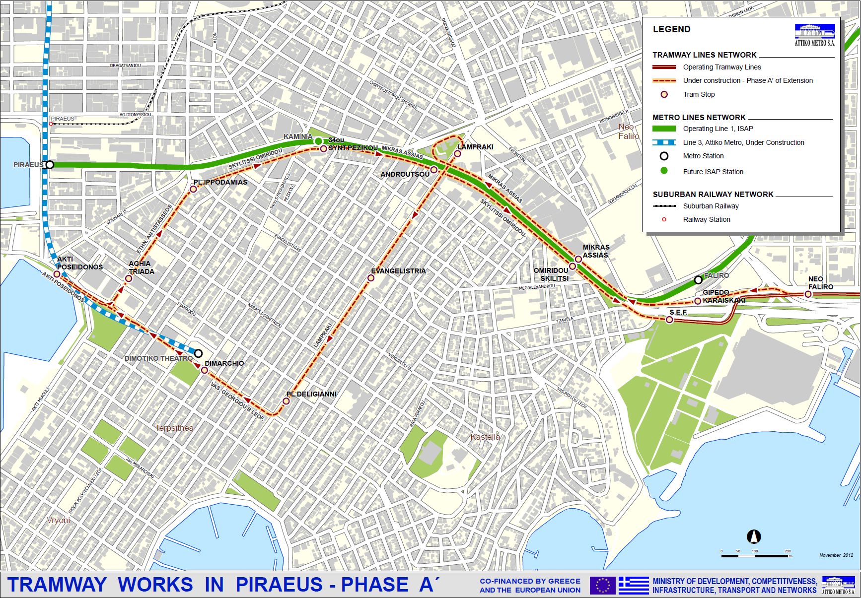 Podoba právě realizovaného prodloužení tramvajové sítě v oblasti města Pireus, jež je součástí aténské aglomerace. Do budoucna se má aténská tramvajová síť rozšiřovat o další úseky. (zdroj: Attiko Metro S.A.)