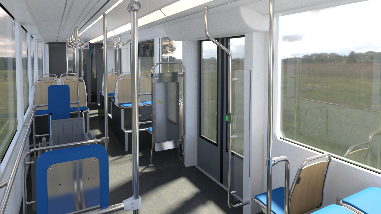 Pohled do interiéru směrem ke kabině řidiče. Z vizualizace je dobře patrné uspořádání sedadel v oblasti otočných podvozků. (zdroj: Stadler)