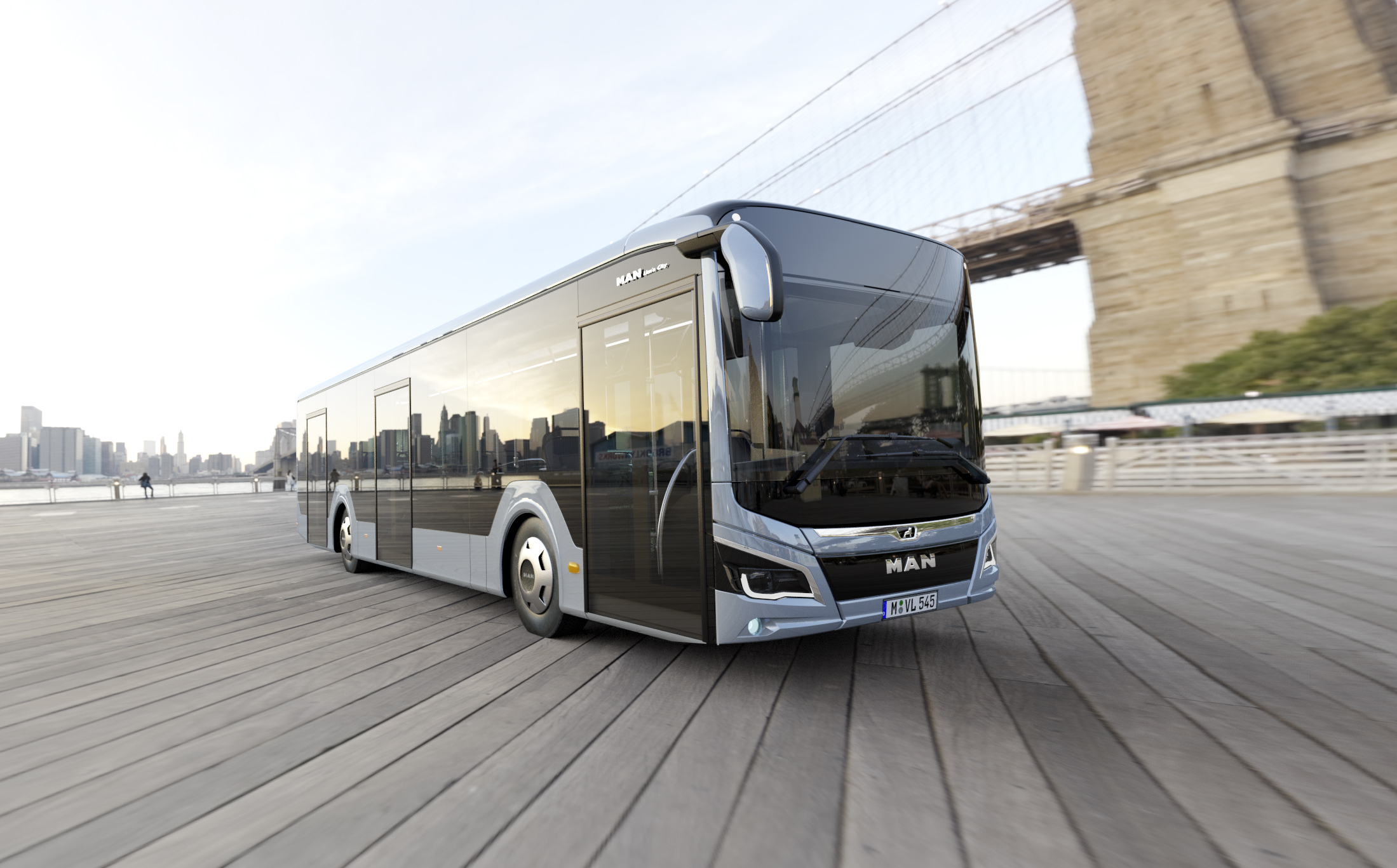 Nový MAN Lion's City pod Brooklynským mostem v New Yorku. Zde však pouze na vizualizaci. (foto: MAN Truck & Bus)
