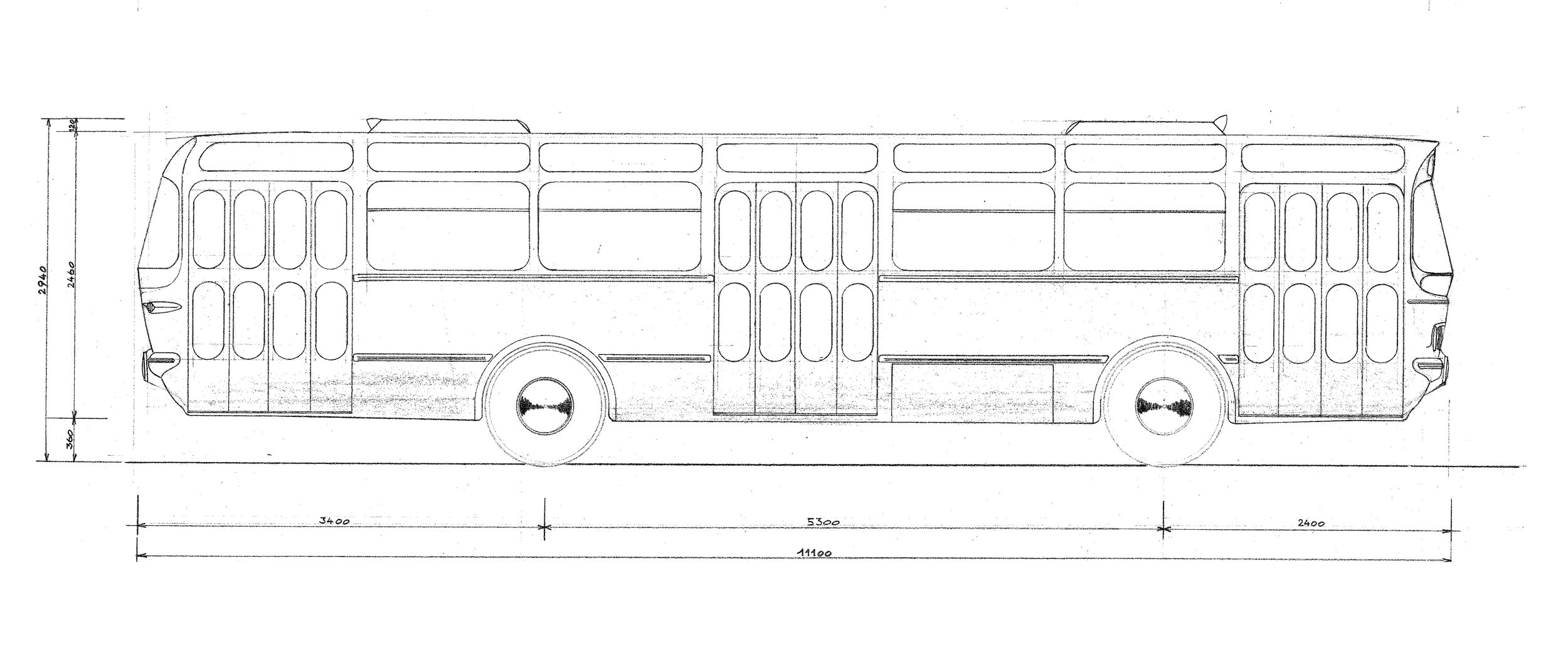 Výkres z roku 1959 pravděpodobně vyobrazuje první návrh křivek nového autobusu Karosa ŠM 11. (zdroj: archiv Iveco Czech Republic)