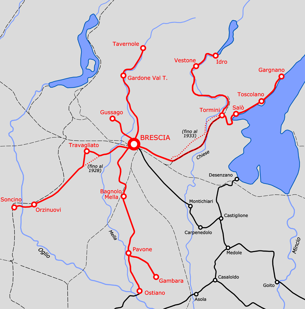 Síť meziměstských tramvají vycházejících z Brescie na plánku dokumentující stav z roku 1933 (před začátkem rušení sítě). (zdroj: Wikipedia.org)