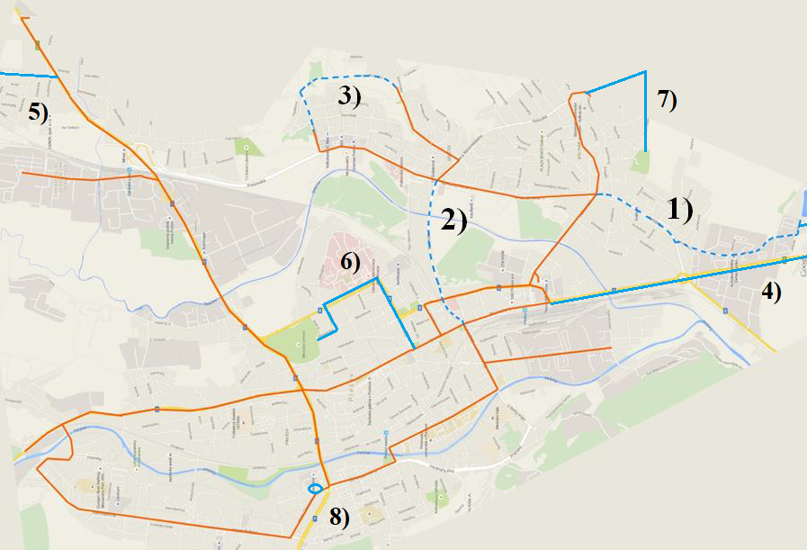 Nejprve se podívejme na mapku (sever je vlevo, jih vpravo), tak jak ji připravil dlouholetý výkonný ředitel Dopravného podniku mesta Prešov, a. s. (DPMP), Ing. Peter Janus, již roku 2015 . Plánek je ovšem upraven, neboť ten původní neobsahoval ještě všechny projekty, které si Prešov loni mínil do měněného územního plánu prosadit. Červeně je stávající síť, modře návrhy. Číslo 1: trať přes sídliště na Delňu (případné prodloužení k průmyslové zóně Záborské není vyznačeno, jen naznačeno). Číslo 2: propojení po Rusínskej ulici. Číslo 3: spojení konečných Pod Šalgovíkom a Síbirska. Číslo 4: prodloužení po ulicích Košická a Petrovianska (na mapce není vyznačeno úplně). Číslo 5: prodloužení ke dnes zrušené vlakové zastávce Nižná Šebastová (na mapce není vyznačeno úplně, zakreslení nemusí být přesné). Číslo 6: prodloužení k areálu fakultní nemocnice, vodárenské věži a hřbitovu. Číslo 7: prodloužení k ulici Pod Hrádkem a hřbitovu Šváby (zakreslení nemusí být přesné, resp. trať může být kratší). Číslo 8: nácestné obratiště při ulici V. Clementisa (zakreslení nemusí být přesné). (autor: Ing. Peter Janus, modifikace: autor)