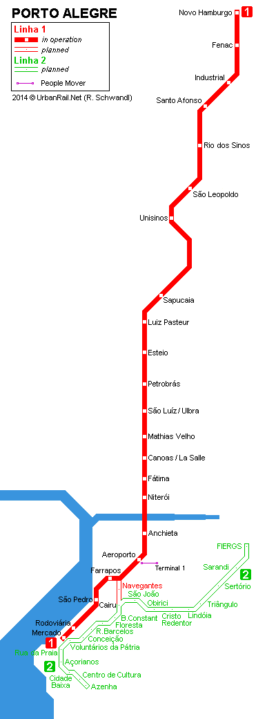 Metro v Porto Alegre (červeně) s možným prodloužením (zeleně). Existují ovšem i jiná zobrazení možného budoucího rozvoje, protože sliby místní politici nešetřili. (zdroj: Robert Schwandl / Urbanrail.net)