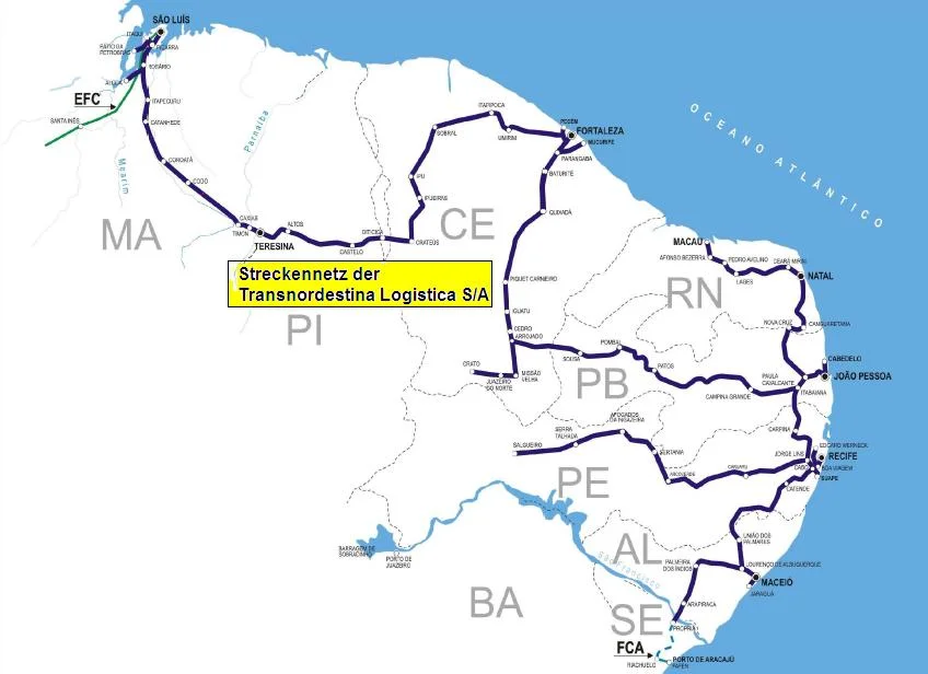 Systém drah o rozchodu 1 000 mm v severovýchodním cípu Brazílie (zdroj: Wikipedia)
