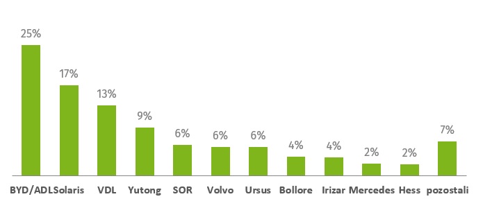 Podíl v oblasti elektrobusů. Z uvedených dat není zřejmé, zda jsou zahrnuty do výčtu také trolejbusy. (zdroj: Solaris Bus & Coach)
