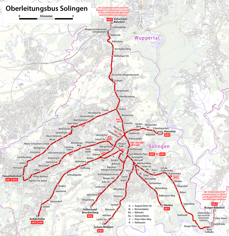 Mapa trolejbusové sítě v Solingenu staršího data, platná ovšem i dnes. Tečkované úseky jsou obsluhovány s pomocí agregátu. (mapa: Wikipedia.org)