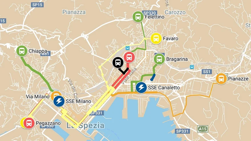 Navrhovaná podoba trolejbusové sítě dle plánu z roku 2018. Troleje nemají vést pouze od měnírny Canaletto ke konečné Pianazze. (zdroj: ATC Esercizio S.p.A.)