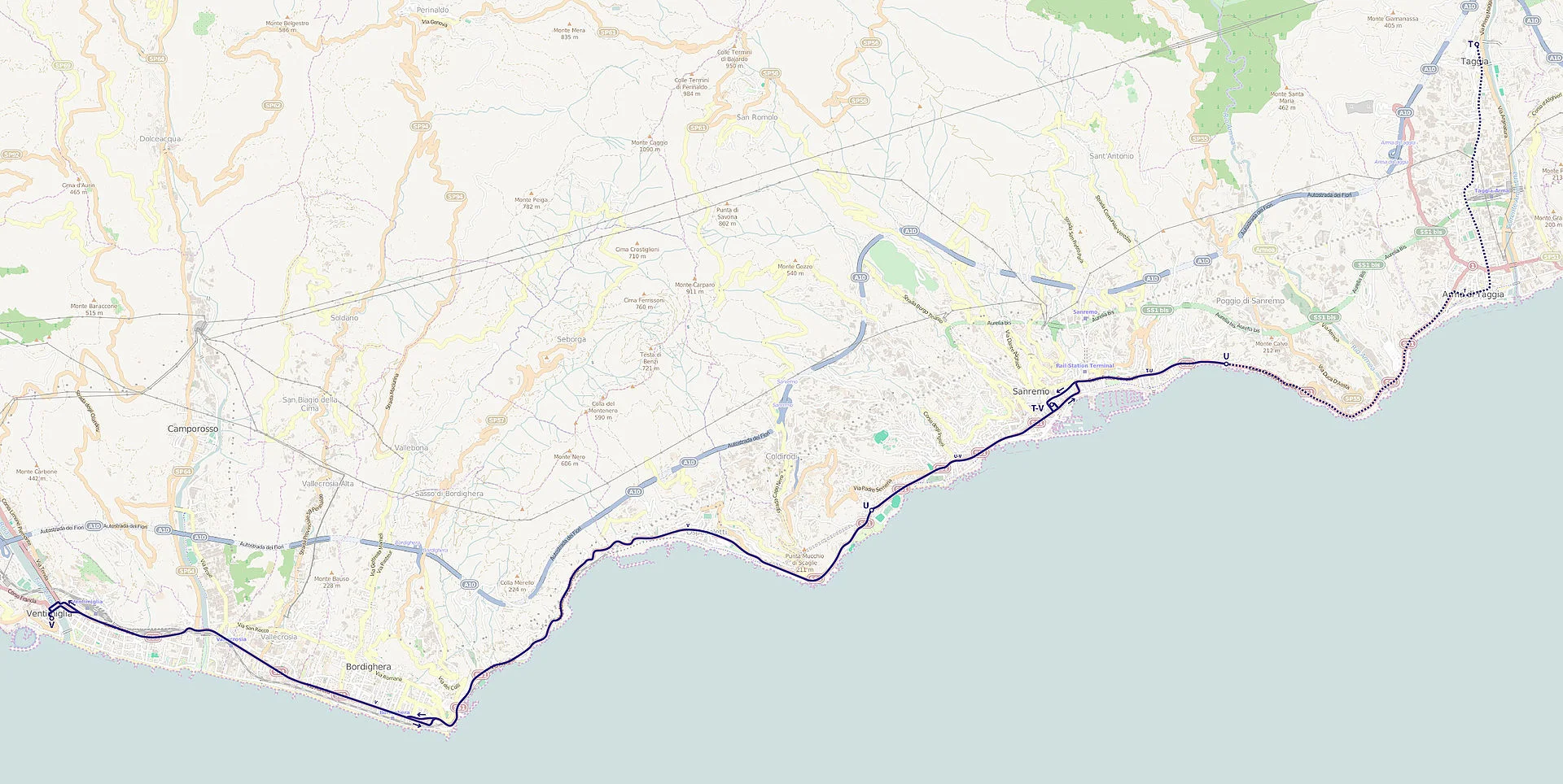 Mapa trolejbusové sítě v Sanremu a okolí. Tečkovaně zrušená trať. (zdroj: Wikipedia.org)