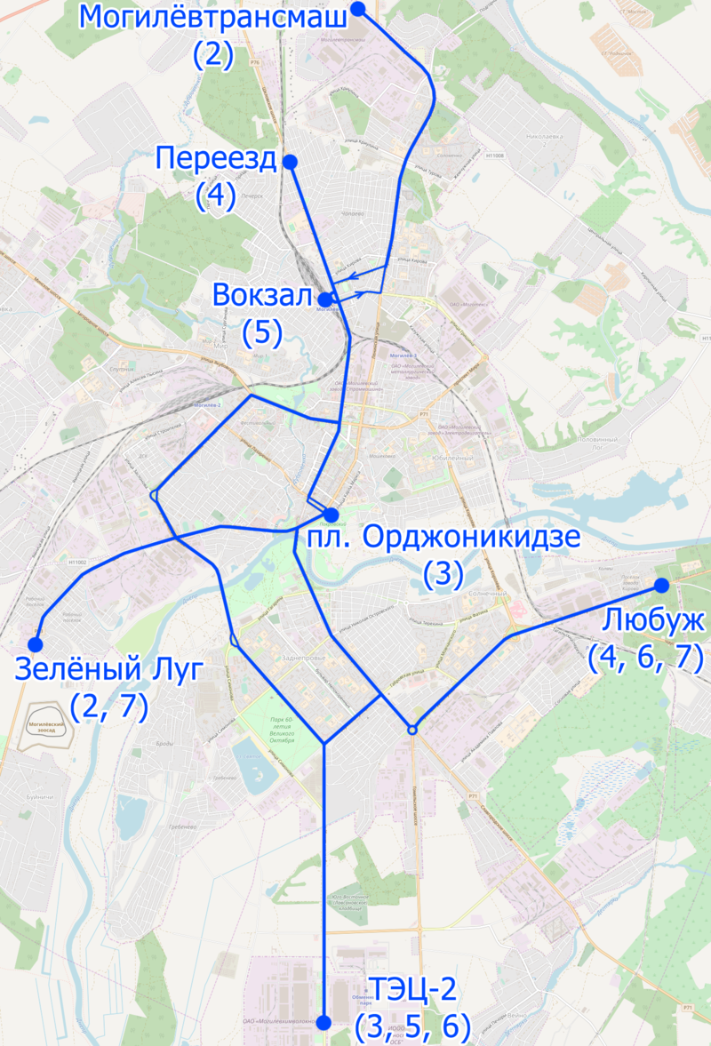 Plánek trolejbusové sítě v Mohylevu. (zdroj: Wikipedia.org/Homoatrox)