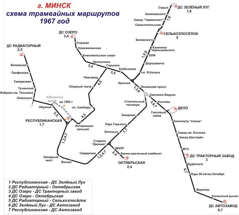 Schéma tramvajové sítě v roce 1967.