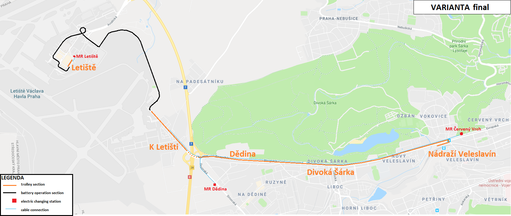 Návrh vedení trolejbusů na lince číslo 119 . (zdroj: DPP)