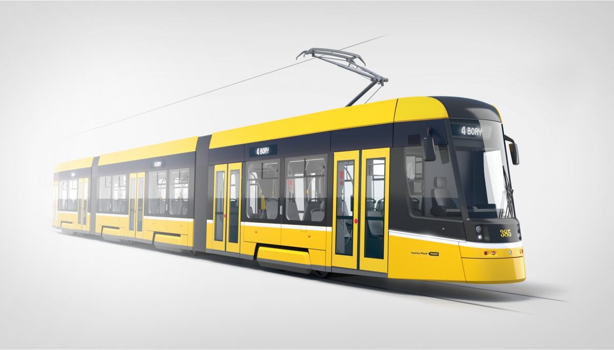 Drak 2? Jak by mohla vypadat tramvaj Škoda 40T v brněnském provedení přibližuje upravená vizualizace výrobce. (zdroj: Škoda Transportation; úprava grafiky: Roman Hlo ch - TVČR) (aktualizace 31. 10. 2019) Původní fotomontáž byla na přání výrobce odstraněna a nahrazena ilustračním snímkem vozu 40T v ryze plzeňském provedení.