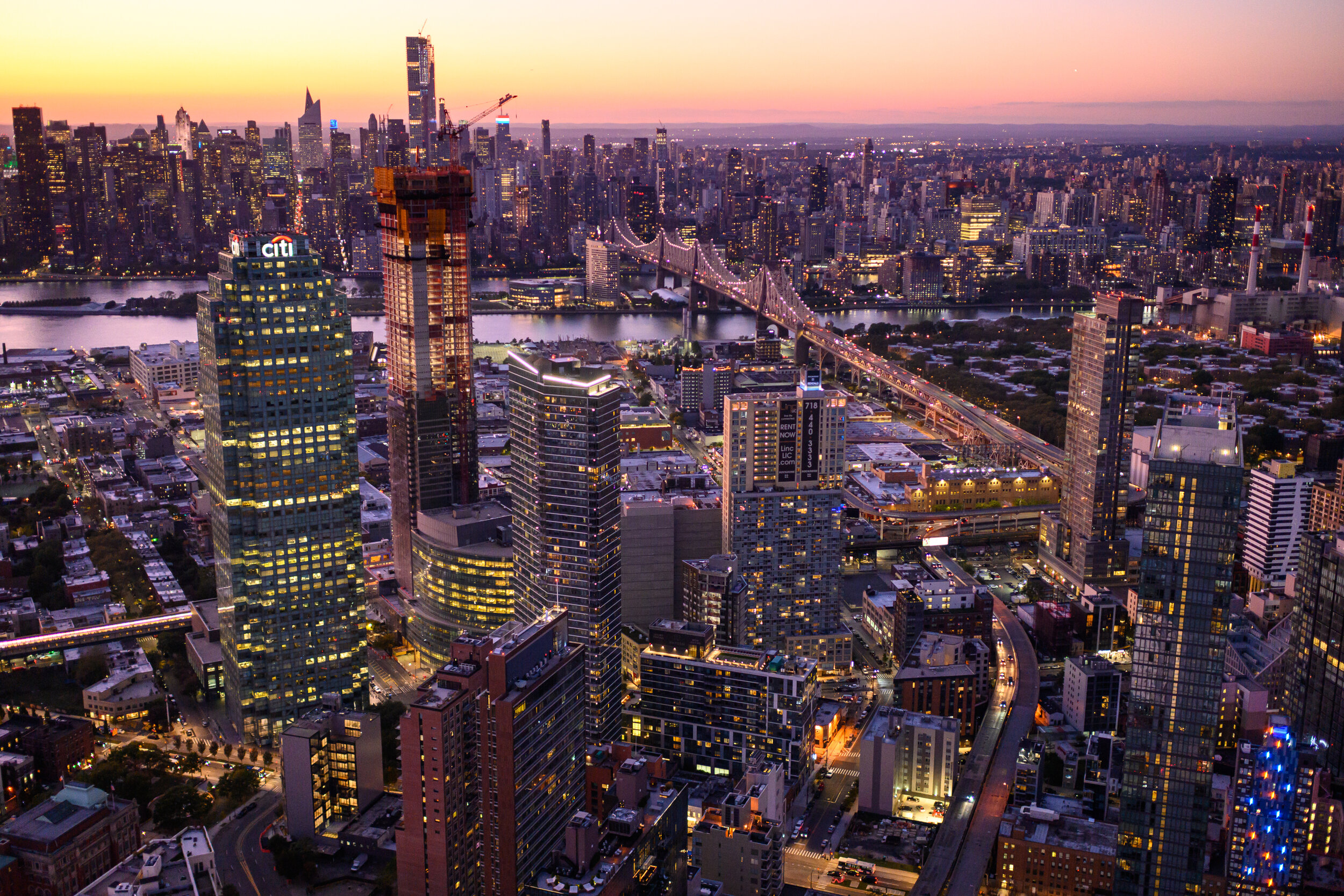 Aerial twilight cityscape