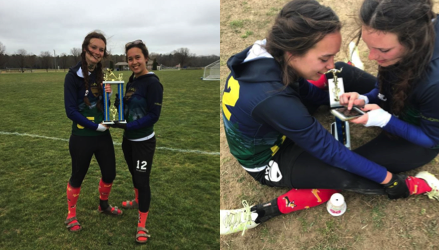 On the left photo, the two co-captains, Georgiana Ager '17 (left) and Megan Macomber '17 (right) hold the first place trophy 