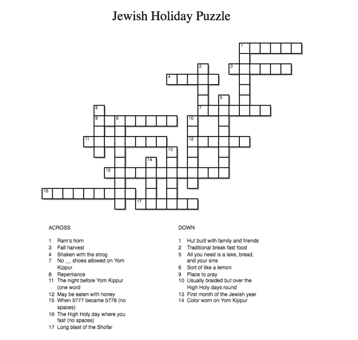 Jewish Holiday Crossword Puzzle — The Skidmore News