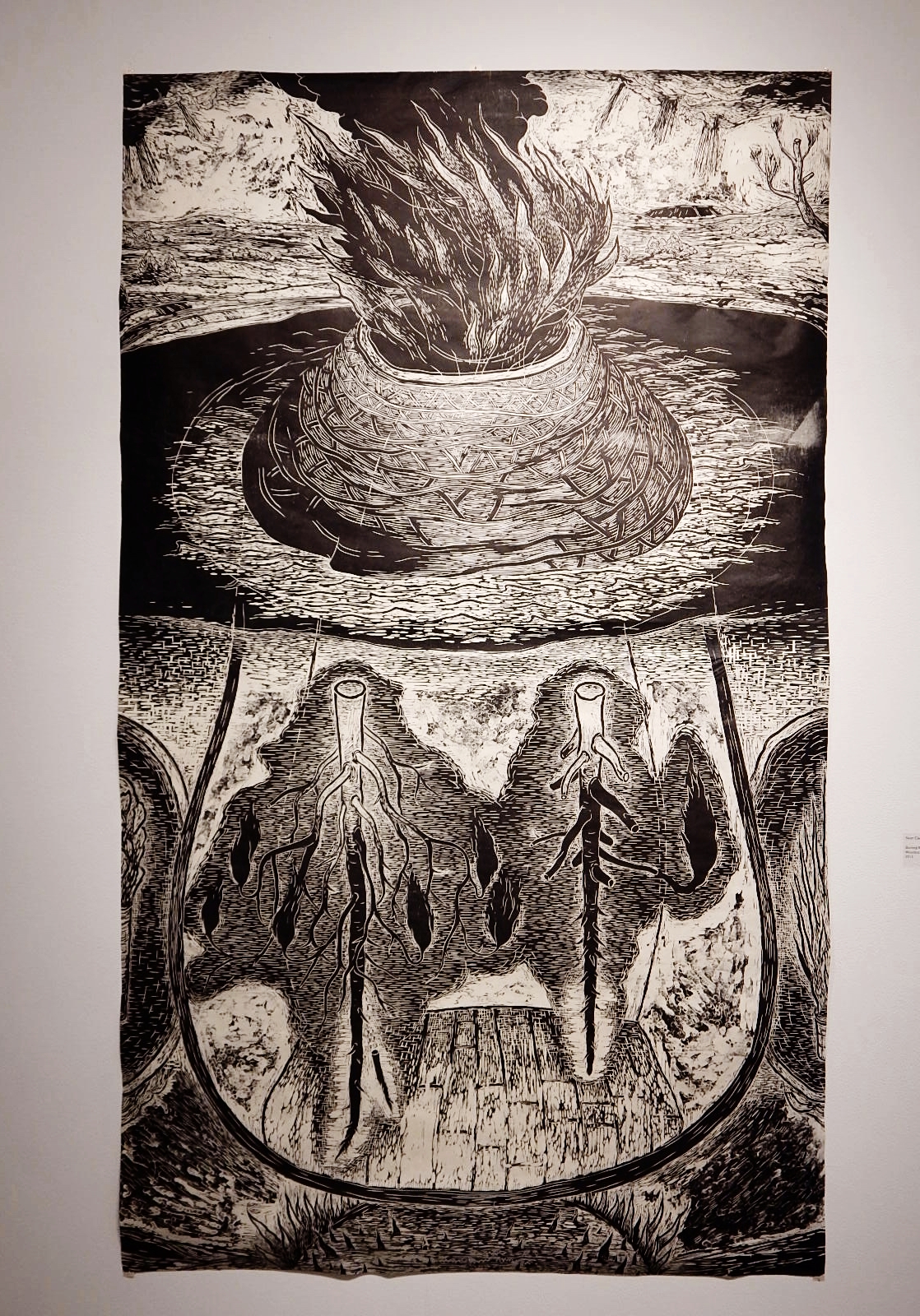 Sean Caulfield, Burning Roots , Woodcut, 2014