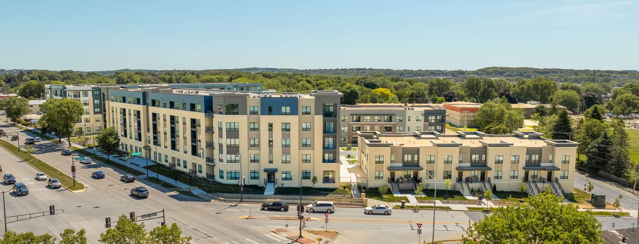 Aerial drone photograph of Rise Apartments Madison WI