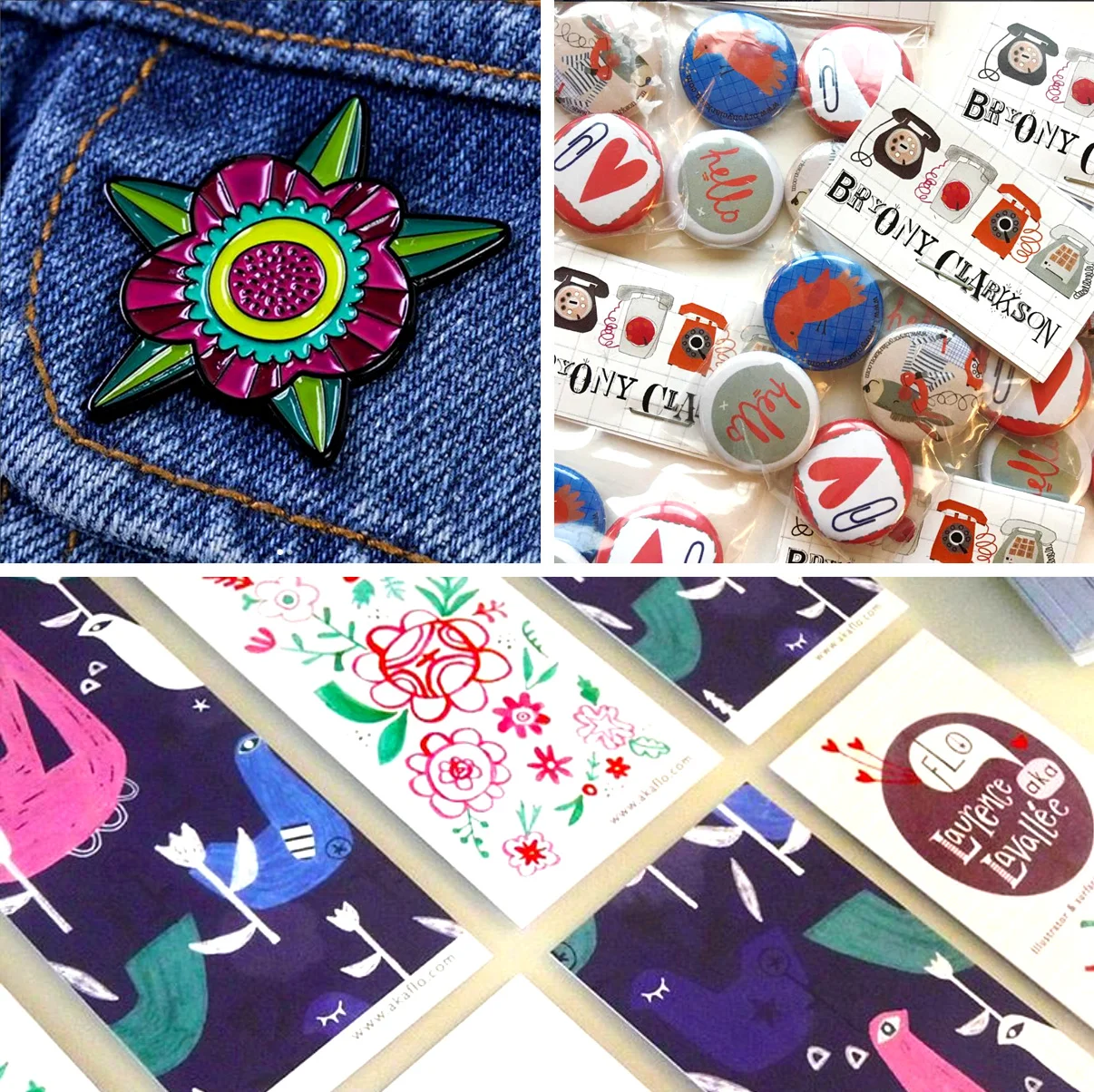 We love the beautiful flower pin by Lisa Kirkbride, the super fresh collection of buttons by Bryony Clarkson and the fanciful bookmarks by Laurence Lavallée (akaflo). 