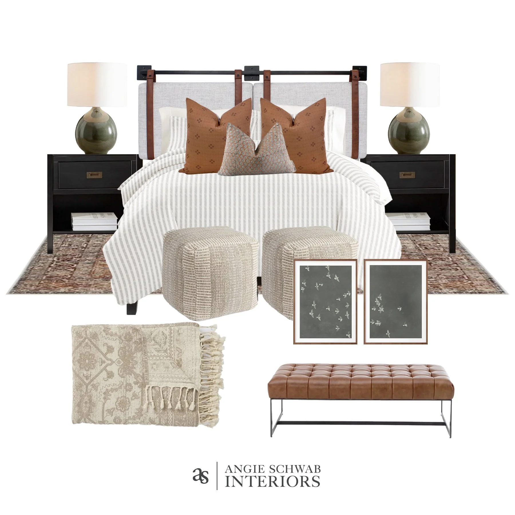 This one feels like a warm exhale at the end of the day 

Layered neutrals. Soft texture. A touch of saddle leather. Deep, grounding nightstands. It&rsquo;s that perfect balance of tailored + relaxed.

We started with a quiet striped foundation and b