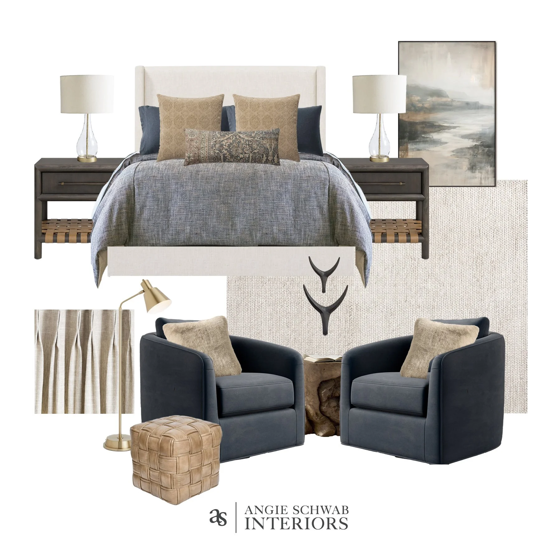 Moody blues. Warm woods. Soft linen layers. 

This bedroom concept leans into depth without feeling heavy &mdash; balancing tailored navy seating with woven texture, warm brass, and quiet landscape art.

The goal? A space that feels grounded and rest