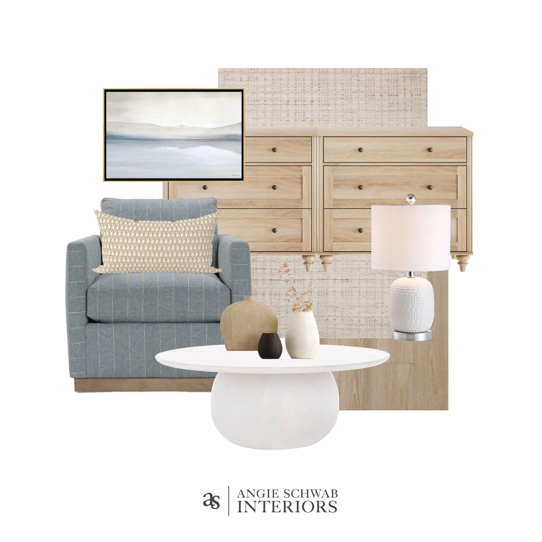 Cozy and bright can absolutely live in the same room.

Soft blues keep things light and airy.
Warm wood tones ground the space.
Texture &mdash; in wallpaper, upholstery, and ceramics &mdash; brings the interest.

When everything works together, a roo