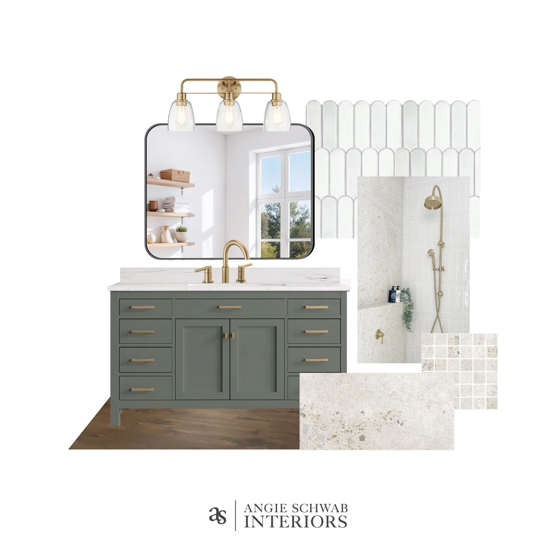 Soft green cabinetry sets the tone&mdash;bringing just enough color to feel interesting while still reading calm and timeless. Paired with warm brass fixtures, textured tile, and a mix of clean and organic finishes, the result is a space that feels e