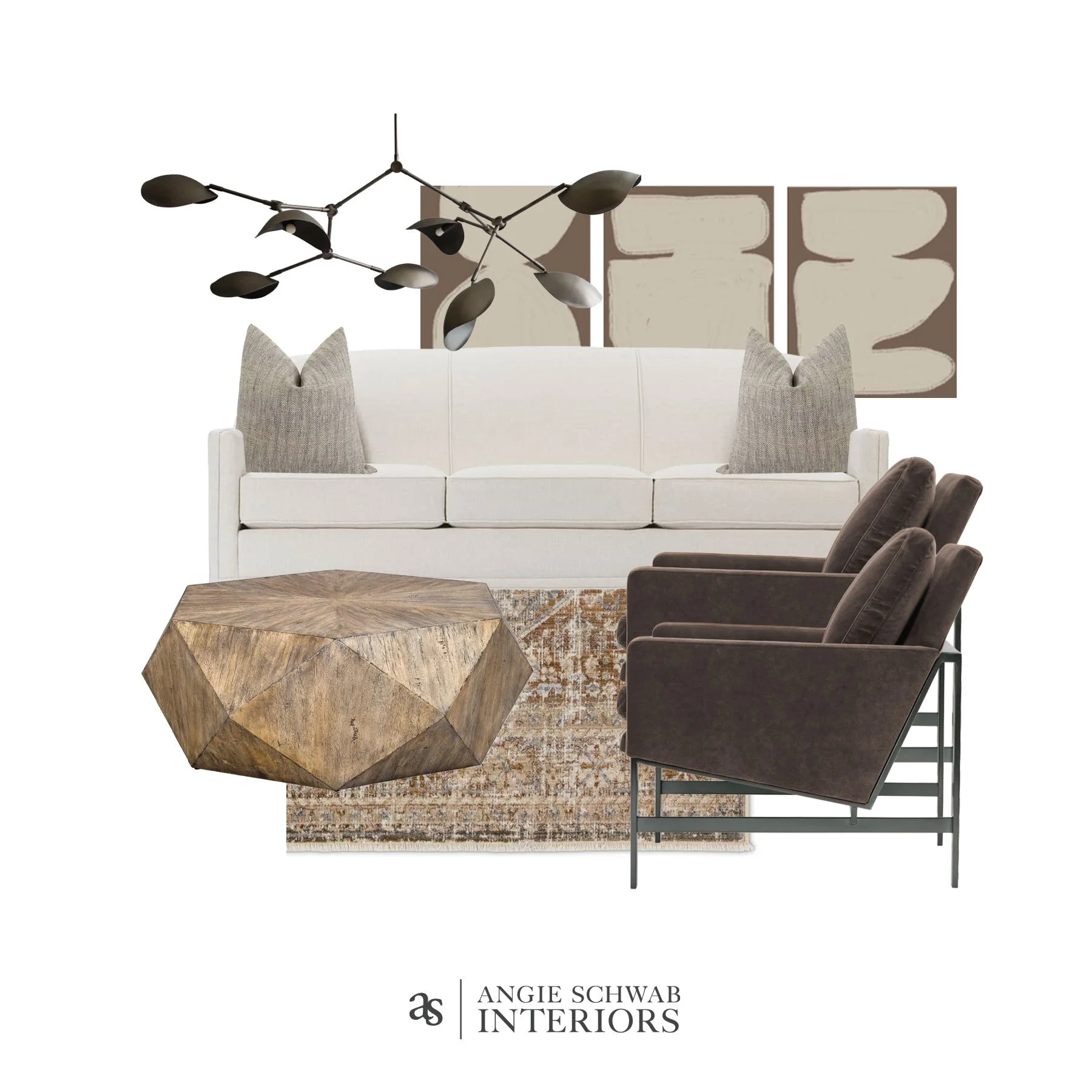This is where contrast does the heavy lifting.

A traditional rug brings warmth, history, and pattern&mdash;while the clean-lined sofa, sculptural lighting, and modern silhouettes keep the space feeling current. Neither style overpowers the other. In