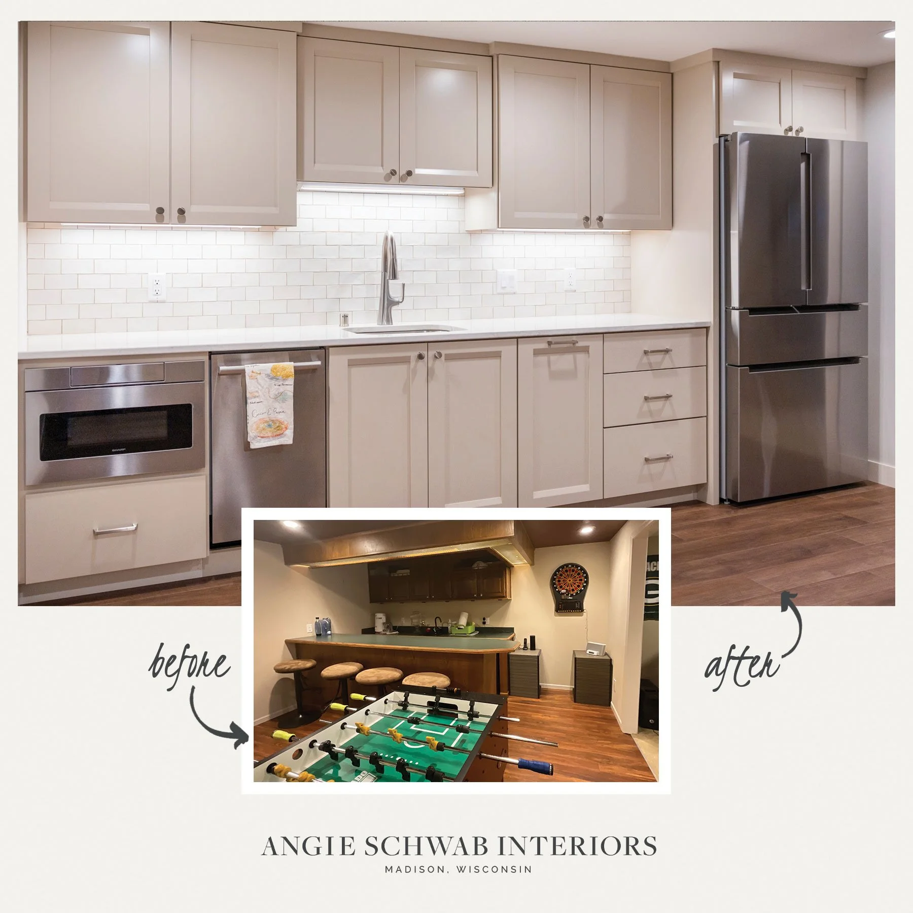 A basement kitchenette can completely change how a lower level lives and functions.

This remodel transformed a dark bar area into a bright, polished space designed for entertaining, movie nights, game days, and hosting guests. Warm neutral cabinetry