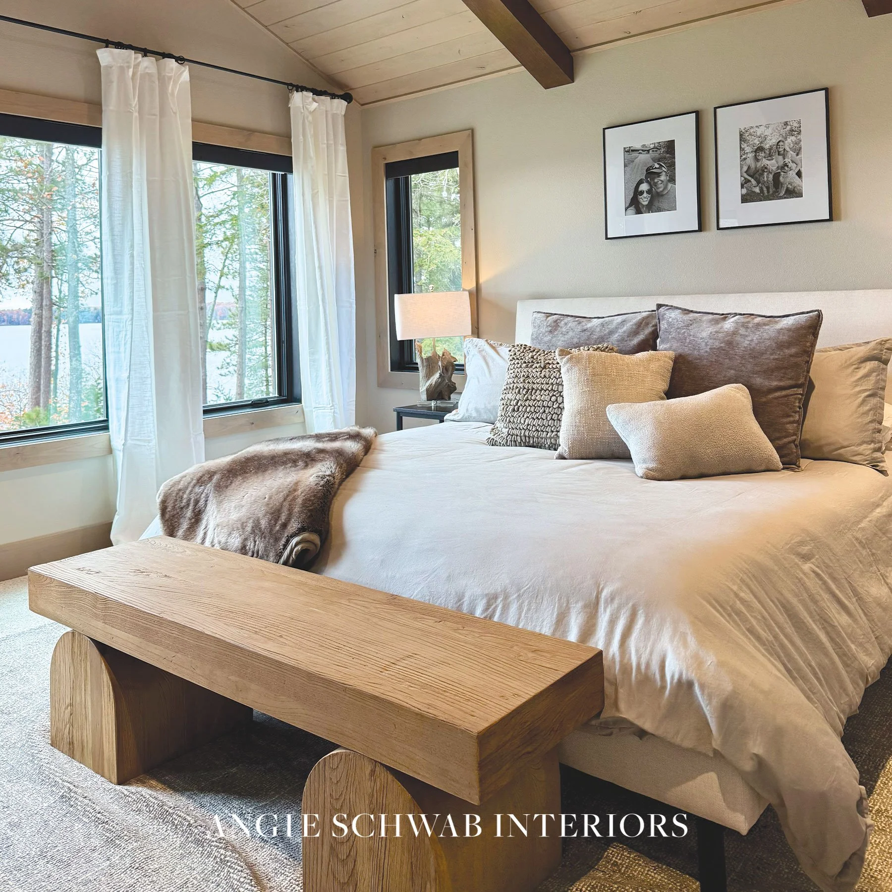 This bedroom came together through layers of texture and carefully balanced furniture selections.

I love how the mix feels refined but still relaxed &mdash; tailored enough for a luxury lake home, yet comfortable enough to truly unwind in.

Interior