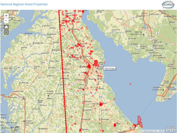 CHRIS displays National Register locations in Delaware.
