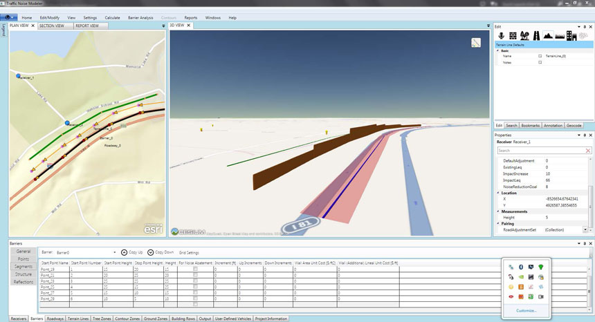 An example of highway noise barrier design, showing application features, plan, and 3-D views