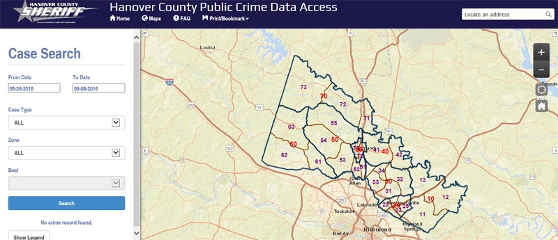 Shown above, GeoDecisions deployed a Hanover County Sheriff’s crime statistics mapping application in 2015. Moving forward, Hanover County is considering additional GeoDecisions GIS applications to help with capital improvement planning. 