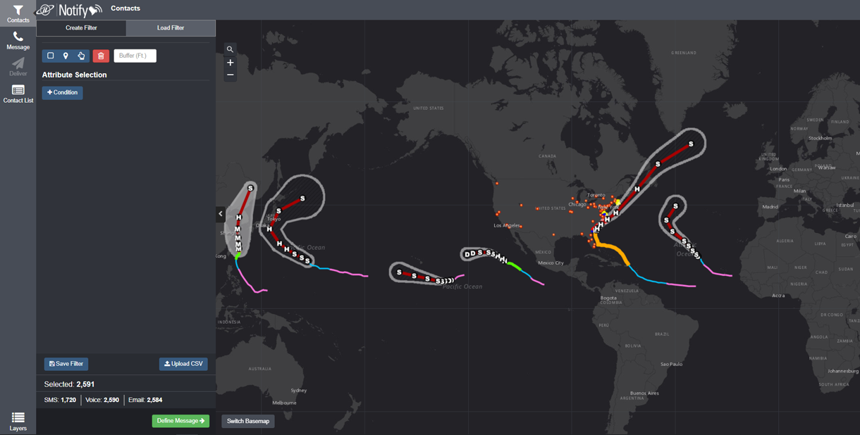 Image shows locations of all hurricanes and tropical storms globally, along with the locations of all Gannett Fleming offices.
