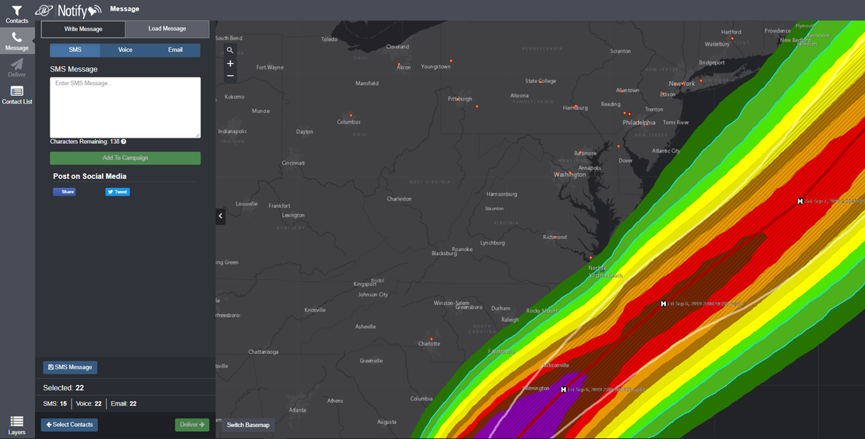 Notify’s intuitive layout and Esri integrated web maps allow you to send messages easily via voice, email, or text to targeted professionals in the path of a hurricane or other natural disaster.