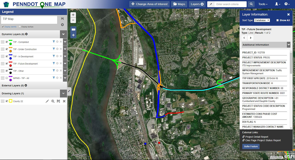  PennDOT One Map’s easy search and data layer functionality makes it simple to access by even the most inexperienced user. Some of the features include: clickable layers, a variety of basemaps, and the ability to filter, theme, buffer, export, share,