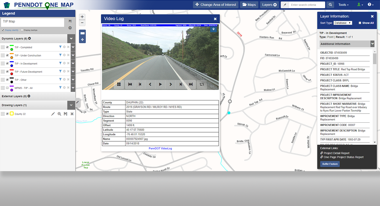 One Map integrates with PennDOT tools such as Video Log, ISLE (Straight Line Diagram), Pavement History, and Google Street View. 